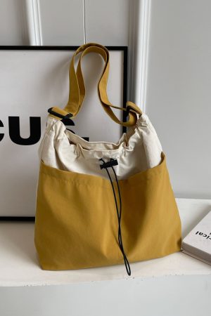 Lightweight Canvas Drawstring Bucket Bag for Women, Large Capacity, Artistic Japanese Style Crossbody Shoulder Bag