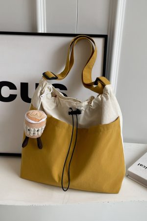 Lightweight Canvas Drawstring Bucket Bag for Women, Large Capacity, Artistic Japanese Style Crossbody Shoulder Bag