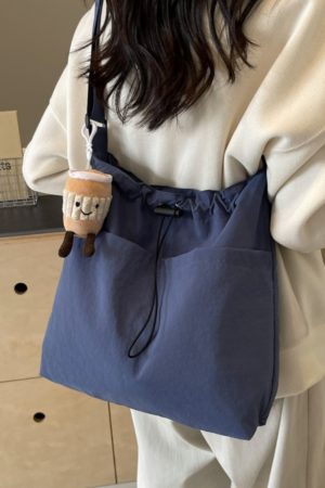 Lightweight Canvas Drawstring Bucket Bag for Women, Large Capacity, Artistic Japanese Style Crossbody Shoulder Bag