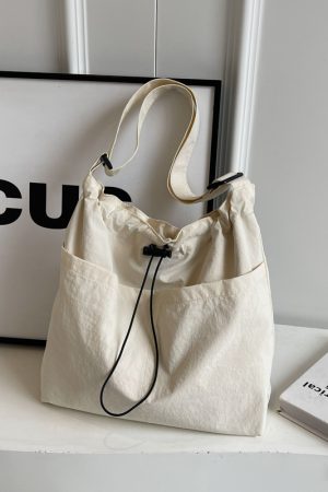 Lightweight Canvas Drawstring Bucket Bag for Women, Large Capacity, Artistic Japanese Style Crossbody Shoulder Bag
