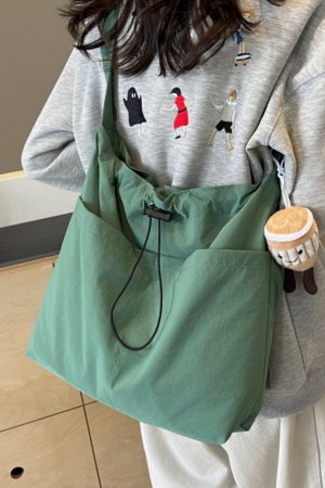 Lightweight Canvas Drawstring Bucket Bag for Women, Large Capacity, Artistic Japanese Style Crossbody Shoulder Bag