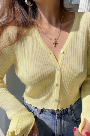 Lightweight Handmade Spring Summer Sun Protection Shirt, Vintage V-Neck Flared Sleeve Slimming Knit Top for Women