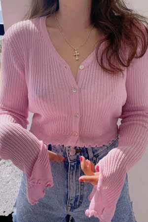 Lightweight Handmade Spring Summer Sun Protection Shirt, Vintage V-Neck Flared Sleeve Slimming Knit Top for Women