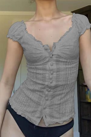 Lightweight Ruffled Chiffon Short-Sleeve Women's T-Shirt - Two-Way Wear, Breathable, Hollow-Out, Pleated, Slimming Style