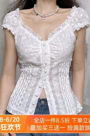 Lightweight Ruffled Chiffon Short-Sleeve Women's T-Shirt - Two-Way Wear, Breathable, Hollow-Out, Pleated, Slimming Style