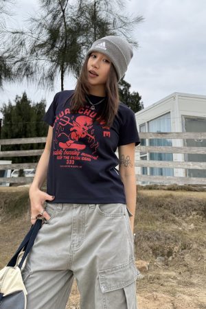 Little Devil Printed Slim Fit Short Sleeve T-Shirt for Women - Trendy Summer Top, Casual Daily Wear, Y2K Style