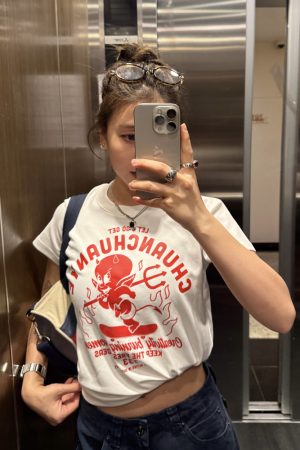 Little Devil Printed Slim Fit Short Sleeve T-Shirt for Women - Trendy Summer Top, Casual Daily Wear, Y2K Style