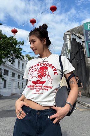 Little Devil Printed Slim Fit Short Sleeve T-Shirt for Women - Trendy Summer Top, Casual Daily Wear, Y2K Style