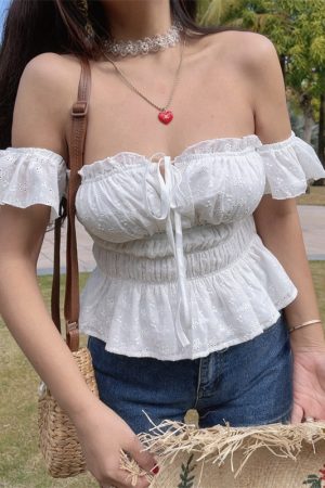 Little White Shirt 100% Cotton One-Shoulder Flowy Sleeve Tied Vacation Blouse Strapless Top - Perfect for Summer and Y2K Style