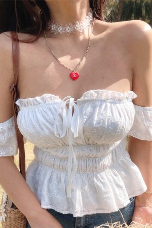 Little White Shirt 100% Cotton One-Shoulder Flowy Sleeve Tied Vacation Blouse Strapless Top - Perfect for Summer and Y2K Style
