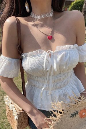 Little White Shirt 100% Cotton One-Shoulder Flowy Sleeve Tied Vacation Blouse Strapless Top - Perfect for Summer and Y2K Style