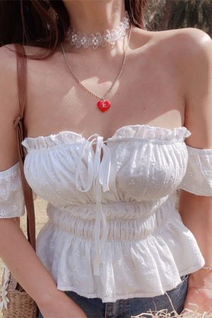 Little White Shirt 100% Cotton One-Shoulder Flowy Sleeve Tied Vacation Blouse Strapless Top - Perfect for Summer and Y2K Style