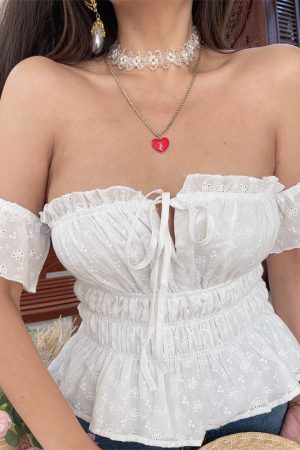 Little White Shirt 100% Cotton One-Shoulder Flowy Sleeve Tied Vacation Blouse Strapless Top - Perfect for Summer and Y2K Style