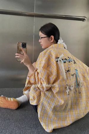 Loose 3D Bow Checkered Shirt for Women - Chinese-style American Spring Top 2025 with Sun Protection