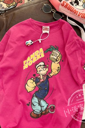 Loose Cartoon Popeye Graphic T-Shirt in Pure Cotton - Casual Short Sleeve Top for Y2K Style Lovers