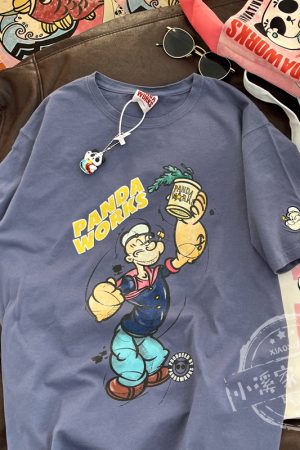 Loose Cartoon Popeye Graphic T-Shirt in Pure Cotton - Casual Short Sleeve Top for Y2K Style Lovers