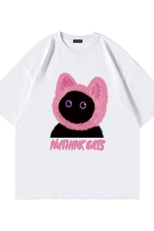 Loose Fit Unisex Cartoon Cat T-Shirt for Couples - Cute Summer Short Sleeve Top, Plus Size, Trendy Korean Style Fashion