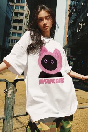 Loose Fit Unisex Cartoon Cat T-Shirt for Couples - Cute Summer Short Sleeve Top, Plus Size, Trendy Korean Style Fashion