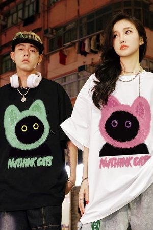 Loose Fit Unisex Cartoon Cat T-Shirt for Couples - Cute Summer Short Sleeve Top, Plus Size, Trendy Korean Style Fashion