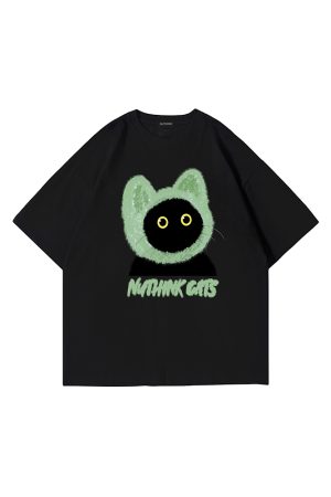 Loose Fit Unisex Cartoon Cat T-Shirt for Couples - Cute Summer Short Sleeve Top, Plus Size, Trendy Korean Style Fashion