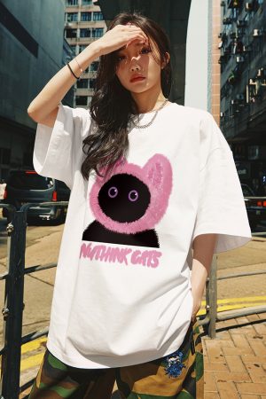 Loose Fit Unisex Cartoon Cat T-Shirt for Couples - Cute Summer Short Sleeve Top, Plus Size, Trendy Korean Style Fashion