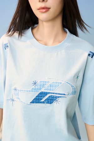 Loose Round Neck Short Sleeve T-Shirt with Patch Star Embroidery in Little Chanel Style for Men and Women, Y2K Fashion