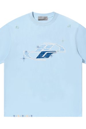 Loose Round Neck Short Sleeve T-Shirt with Patch Star Embroidery in Little Chanel Style for Men and Women, Y2K Fashion