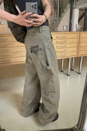 Loose Straight Leg Embroidered Waist Belt Rope Work Pants for Men and Women - Retro Street Style Wide Leg Trousers