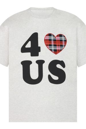 Loose Unisex Short Sleeve T-Shirt with Embroidered Heart - Summer Plaid Design, Trendy Casual Wear for Couples