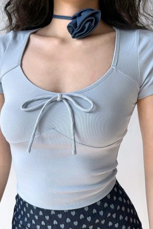Low-Cut Round Neck Short Sleeve Fitted Ballet Style Cropped T-Shirt for Women - European American Summer Fashion