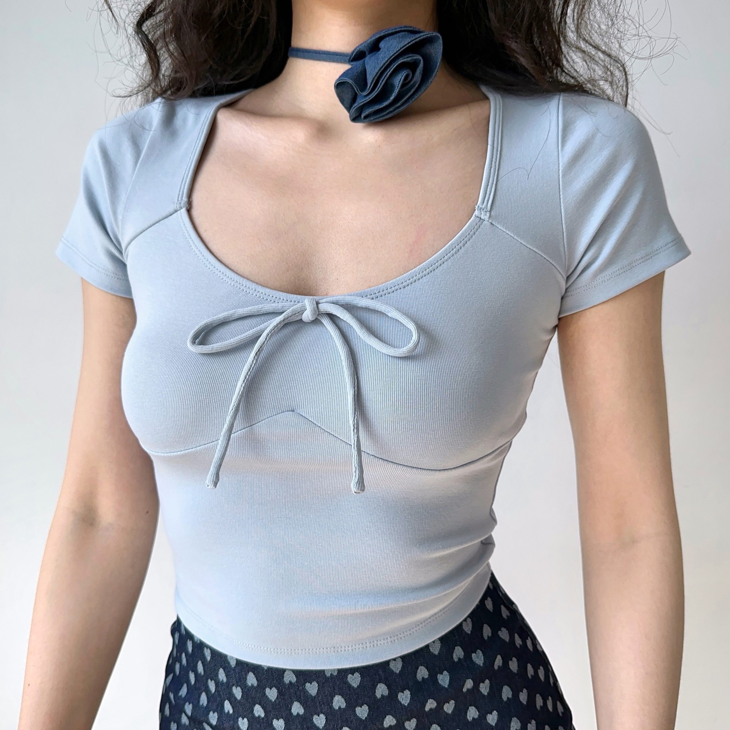 Low-Cut Round Neck Short Sleeve Fitted Ballet Style Cropped T-Shirt for Women - European American Summer Fashion Low-Cut Round Neck Short Sleeve Fitted Ballet Style Cropped T-Shirt for Women - European American Summer Fashion