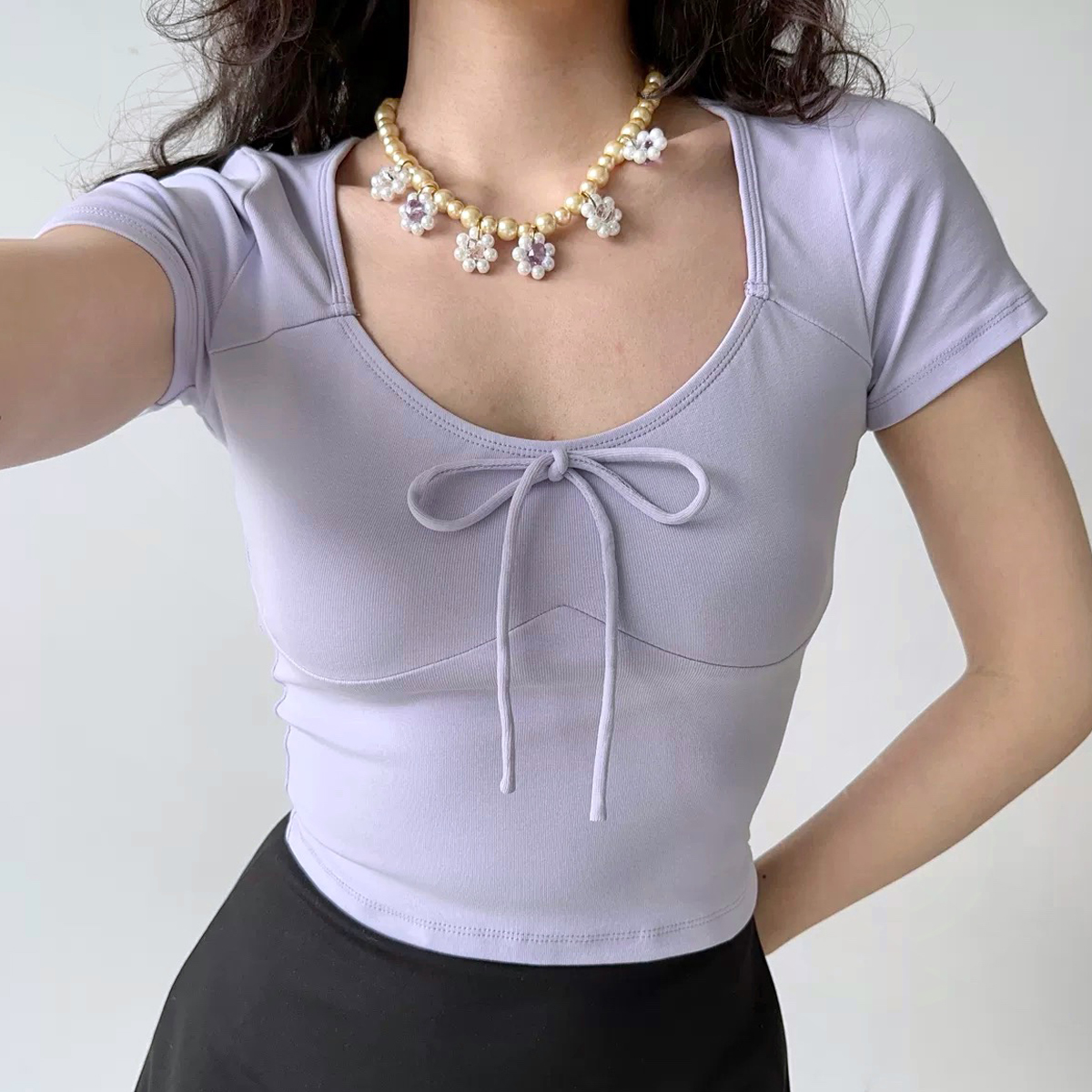 Low-Cut Round Neck Short Sleeve Fitted Ballet Style Cropped T-Shirt for Women - European American Summer Fashion Low-Cut Round Neck Short Sleeve Fitted Ballet Style Cropped T-Shirt for Women - European American Summer Fashion