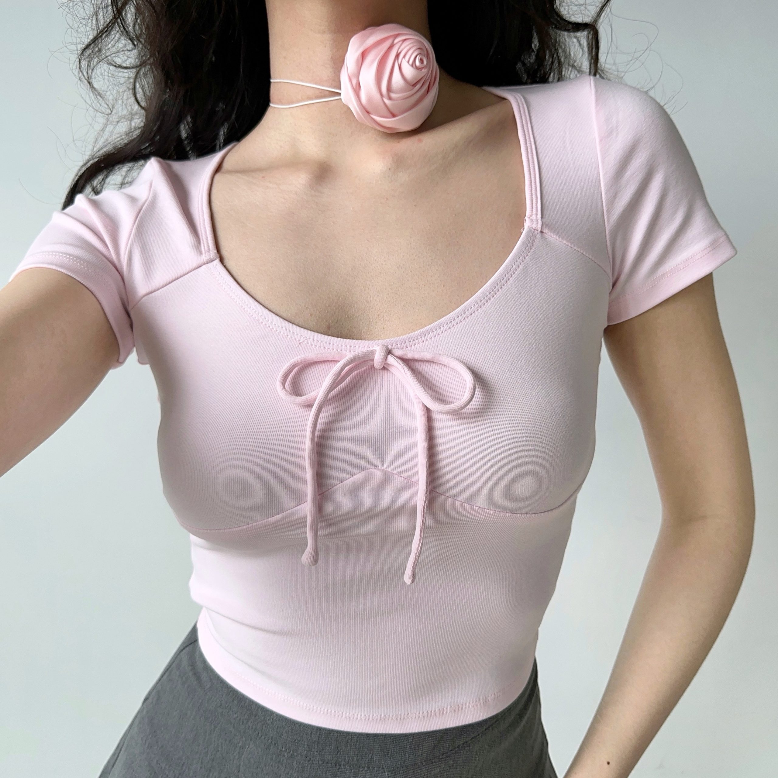 Low-Cut Round Neck Short Sleeve Fitted Ballet Style Cropped T-Shirt for Women - European American Summer Fashion Low-Cut Round Neck Short Sleeve Fitted Ballet Style Cropped T-Shirt for Women - European American Summer Fashion