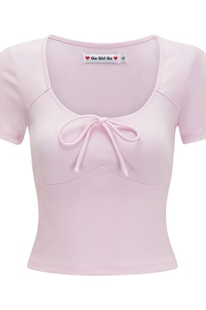 Low-Cut Round Neck Short Sleeve Fitted Ballet Style Cropped T-Shirt for Women - European American Summer Fashion