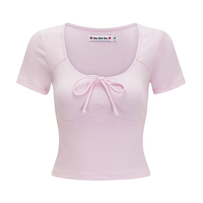 Low-Cut Round Neck Short Sleeve Fitted Ballet Style Cropped T-Shirt for Women - European American Summer Fashion Low-Cut Round Neck Short Sleeve Fitted Ballet Style Cropped T-Shirt for Women - European American Summer Fashion
