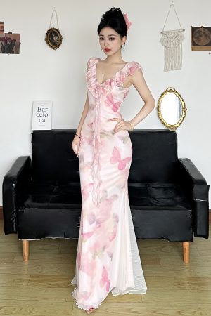 Low-Neck Fitted Butterfly Long Dress with Mesh Splicing for Women - Vacation Style Floral Dress, Y2K Inspired