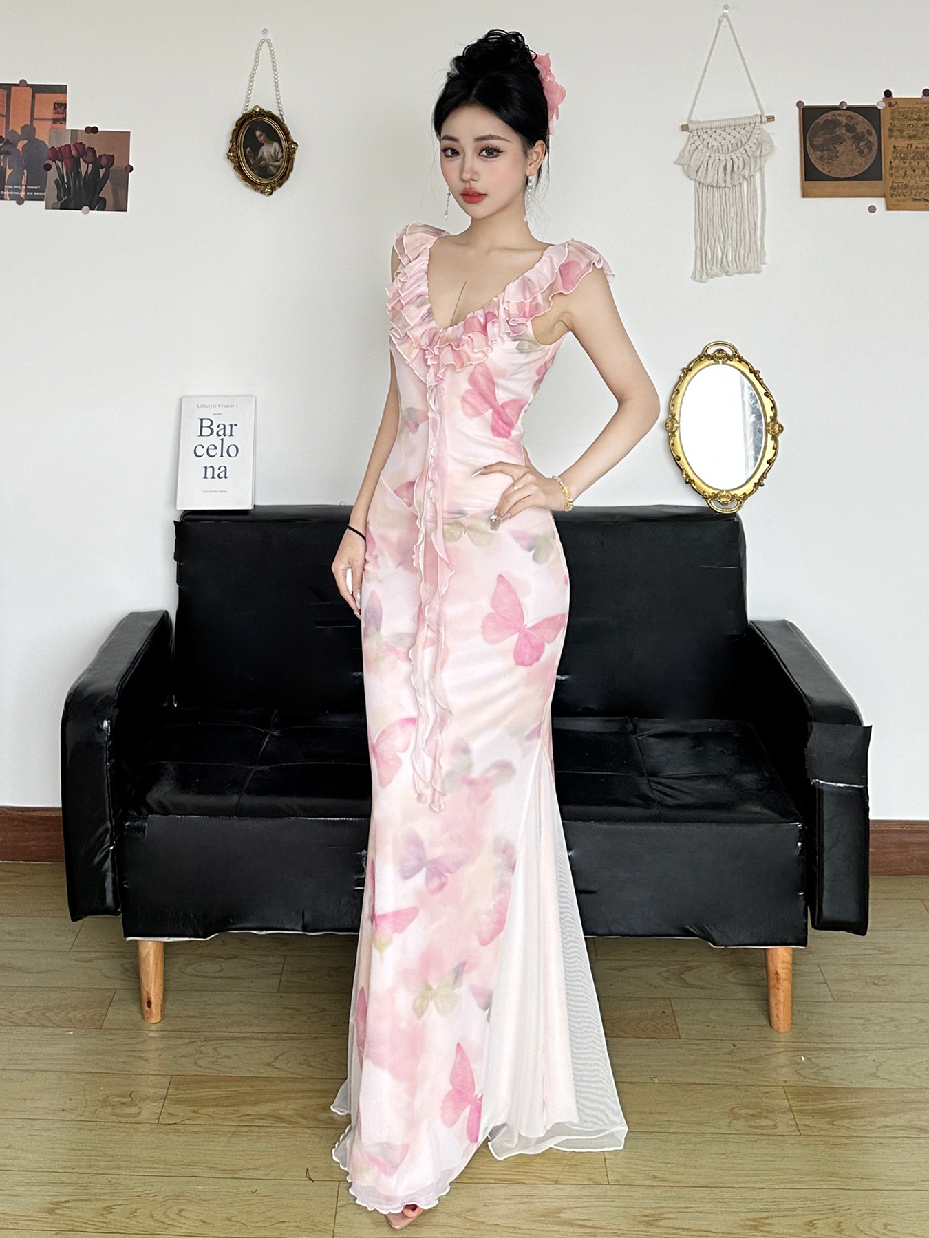 Low-Neck Fitted Butterfly Long Dress with Mesh Splicing for Women - Vacation Style Floral Dress, Y2K Inspired Low-Neck Fitted Butterfly Long Dress with Mesh Splicing for Women - Vacation Style Floral Dress, Y2K Inspired