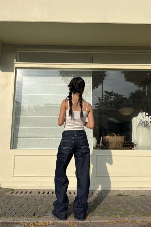 Low-Waist Slim Fit Y2K Vintage Straight Leg Denim Pants for Women with Bright Line Embroidery 90s American Style