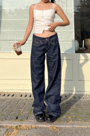 Low-Waist Slim Fit Y2K Vintage Straight Leg Denim Pants for Women with Bright Line Embroidery 90s American Style