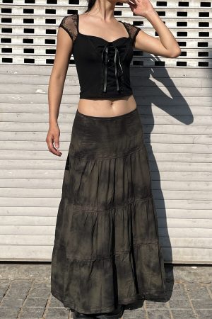 Low-Waist Tie-Dye Lace Spliced Cake Skirt - Versatile Loose Long Skirt for Women - Vintage Y2K Style