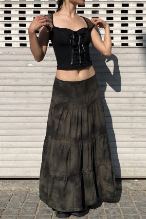 Low-Waist Tie-Dye Lace Spliced Cake Skirt - Versatile Loose Long Skirt for Women - Vintage Y2K Style