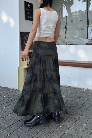 Low-Waist Tie-Dye Lace Spliced Cake Skirt - Versatile Loose Long Skirt for Women - Vintage Y2K Style