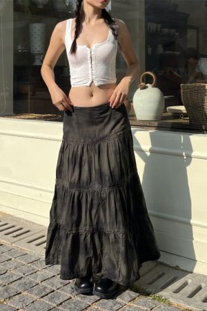 Low-Waist Tie-Dye Lace Spliced Cake Skirt - Versatile Loose Long Skirt for Women - Vintage Y2K Style