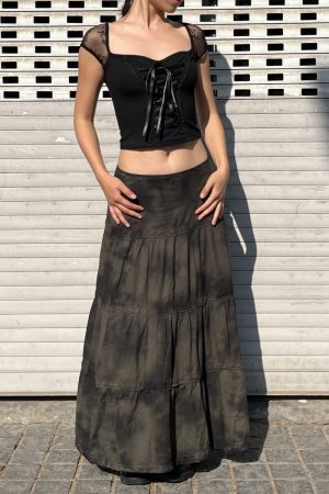 Low-Waist Tie-Dye Lace Spliced Cake Skirt - Versatile Loose Long Skirt for Women - Vintage Y2K Style