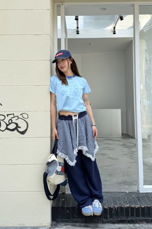 Men's and Women's Summer Plaid Sweatpants - Two-Piece Lace Splicing, Elastic Waist, Tapered Casual Pants, Y2K Style