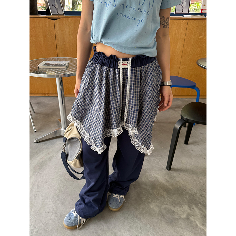 Men's and Women's Summer Plaid Sweatpants - Two-Piece Lace Splicing, Elastic Waist, Tapered Casual Pants, Y2K Style Men's and Women's Summer Plaid Sweatpants - Two-Piece Lace Splicing, Elastic Waist, Tapered Casual Pants, Y2K Style