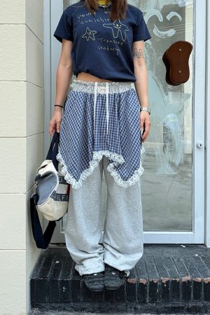 Men's and Women's Summer Plaid Sweatpants - Two-Piece Lace Splicing, Elastic Waist, Tapered Casual Pants, Y2K Style