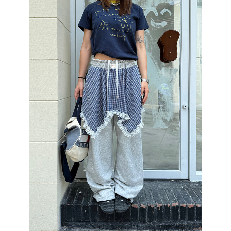 Men's and Women's Summer Plaid Sweatpants - Two-Piece Lace Splicing, Elastic Waist, Tapered Casual Pants, Y2K Style Men's and Women's Summer Plaid Sweatpants - Two-Piece Lace Splicing, Elastic Waist, Tapered Casual Pants, Y2K Style