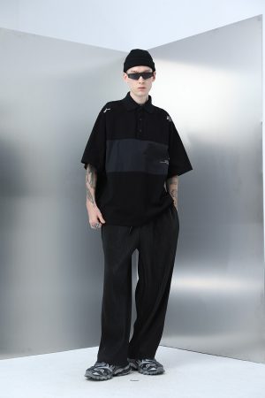 Men's Short Sleeve Polo Shirt - Nylon Spliced Layered Silhouette, Y2K Inspired Fashion