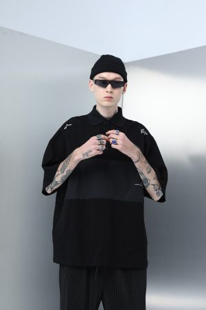 Men's Short Sleeve Polo Shirt - Nylon Spliced Layered Silhouette, Y2K Inspired Fashion